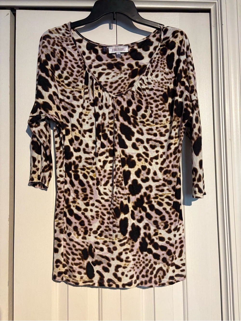 Jennifer Lopez Leopard Print Long Sleeve V-Neck Dress - Brown/Black/Cream